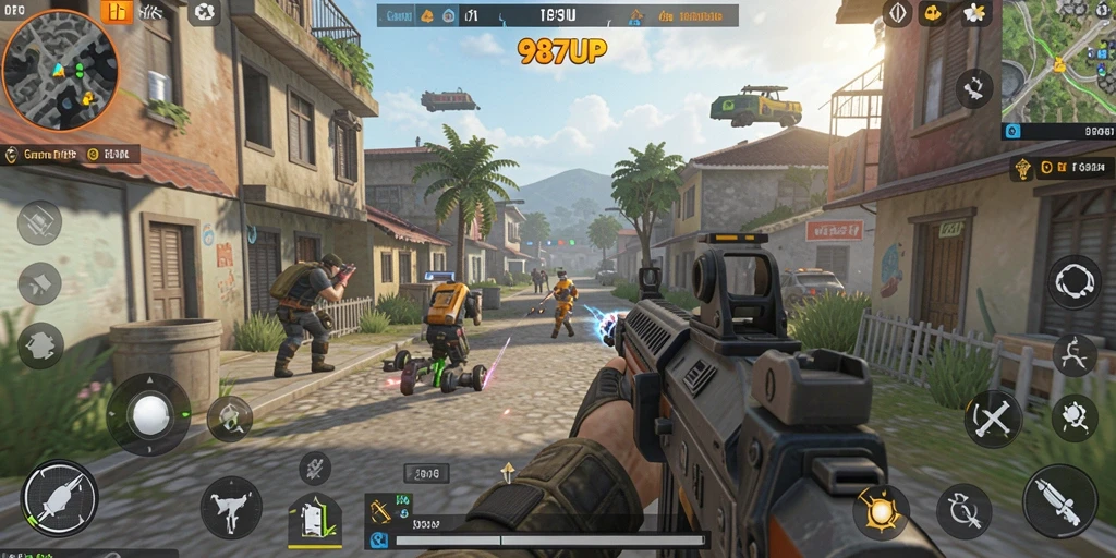 Screenshot gameplay seru dari 987UP dalam tindakan TPS.