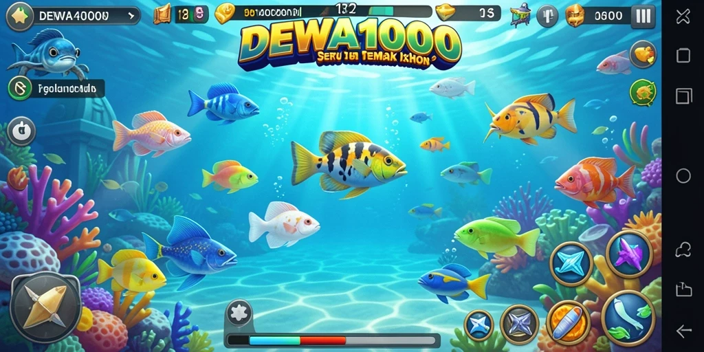 Tampilan gameplay DEWA1000 dengan ikan berwarna-warni dan senjata yang beragam.