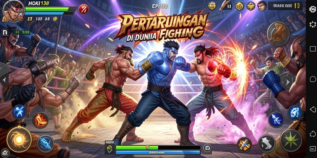 Screenshot utama HOKI138 menampilkan pertarungan karakter di arena yang epik.