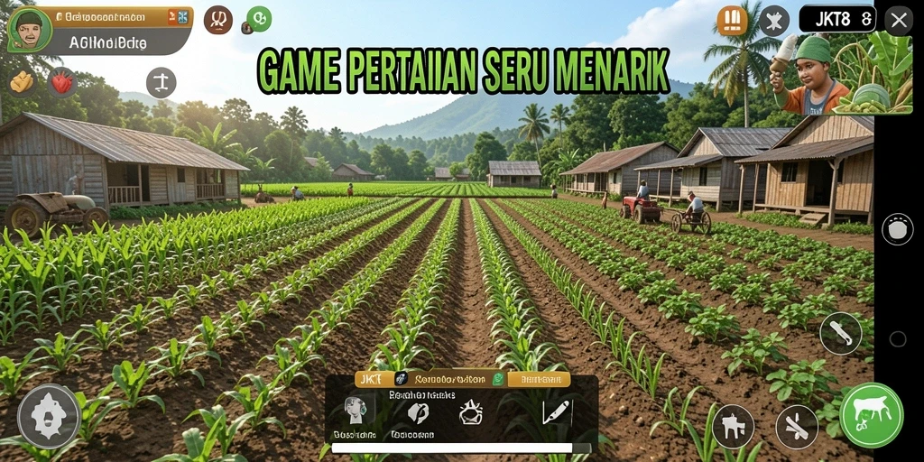 Tangkapan layar gameplay JKT8 menunjukkan keseruan bertani.