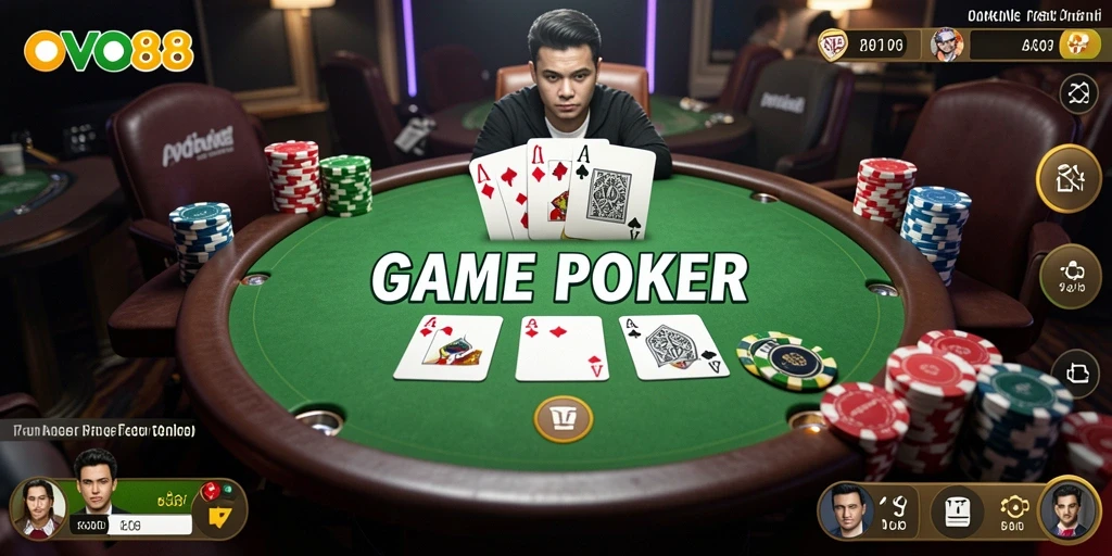 Screenshot gameplay OVO88 menampilkan suasana permainan Poker yang mendebarkan.