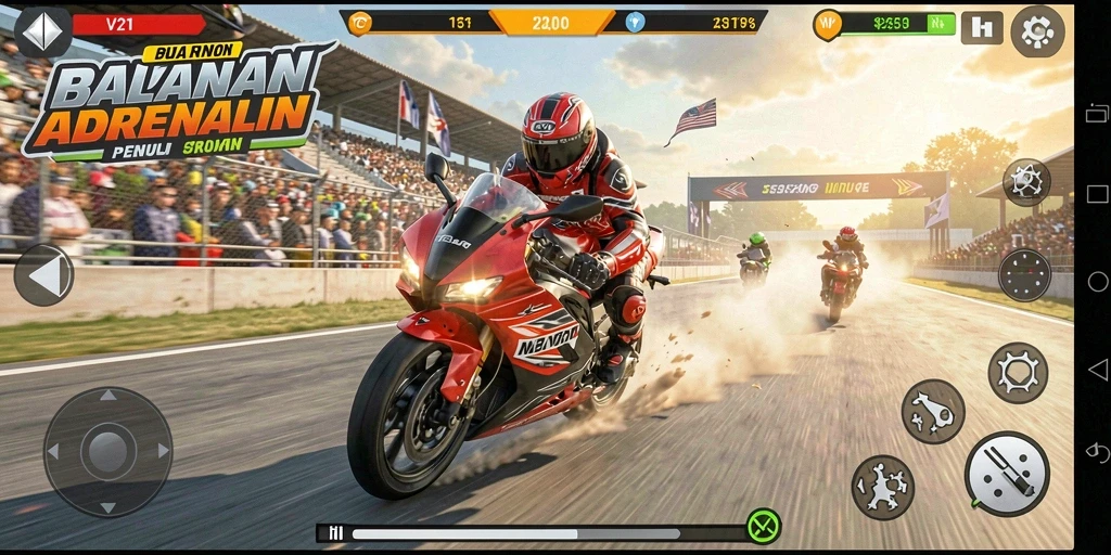Gameplay V21 yang mendebarkan dengan balapan motor yang kompetitif.