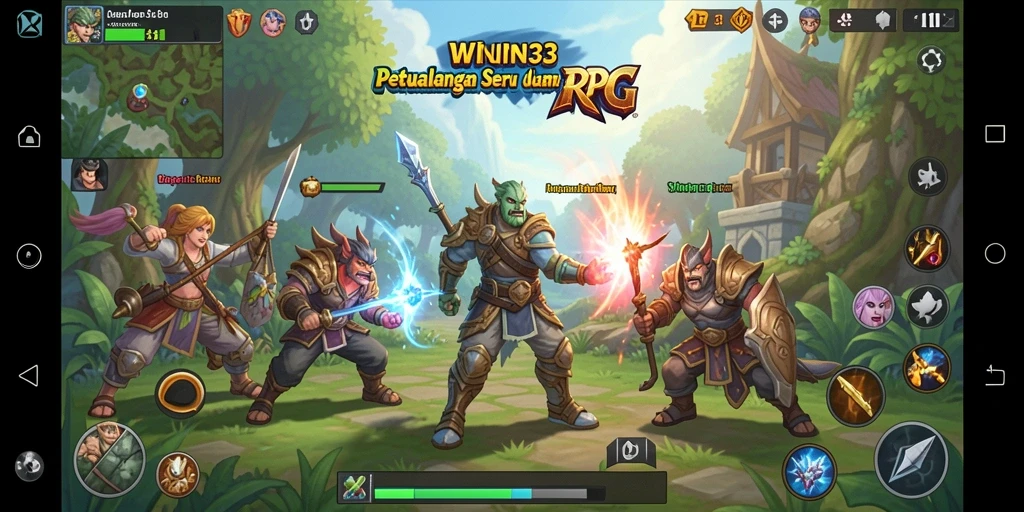 Tangkapan layar gameplay WIN33 menampilkan aksi pertempuran seru di dunia RPG.